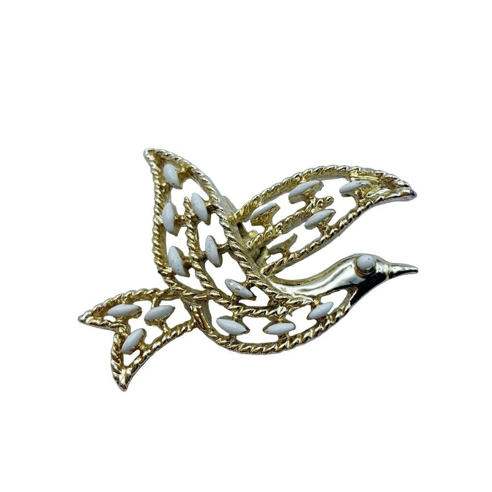 Vintage Gerry's Gold Tone Enamel Bird Dove Brooch Pin Pendant 2"